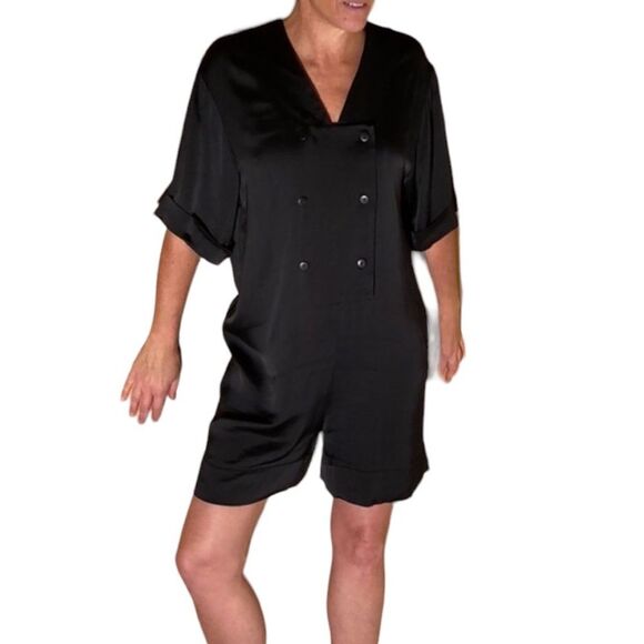 NWT ASOS Black Satin Deconstructed  Shorts Romper Oversized Size 4 Lagenlook - Picture 1 of 13